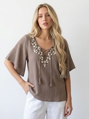 Ivy Ridge Y2K Vintage Gauzy Beaded Top Womens Large Bohemian Ethereal Coastal